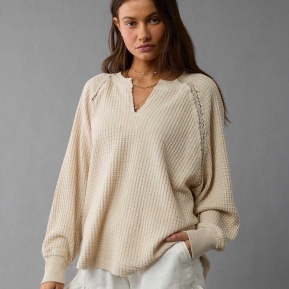 American Eagle Big Hug Notch Neck Waffle Shirt